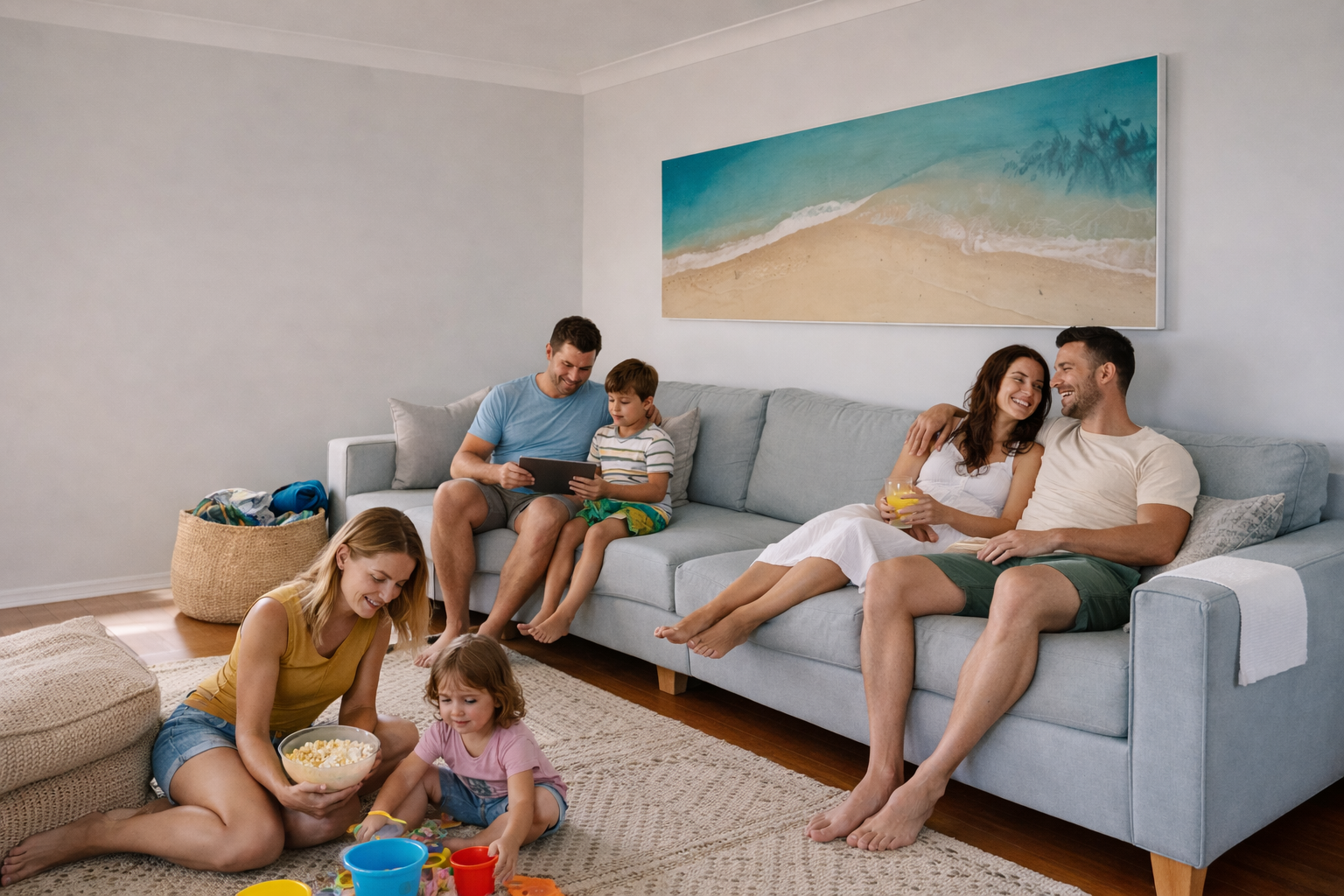 Family on holiday in living room